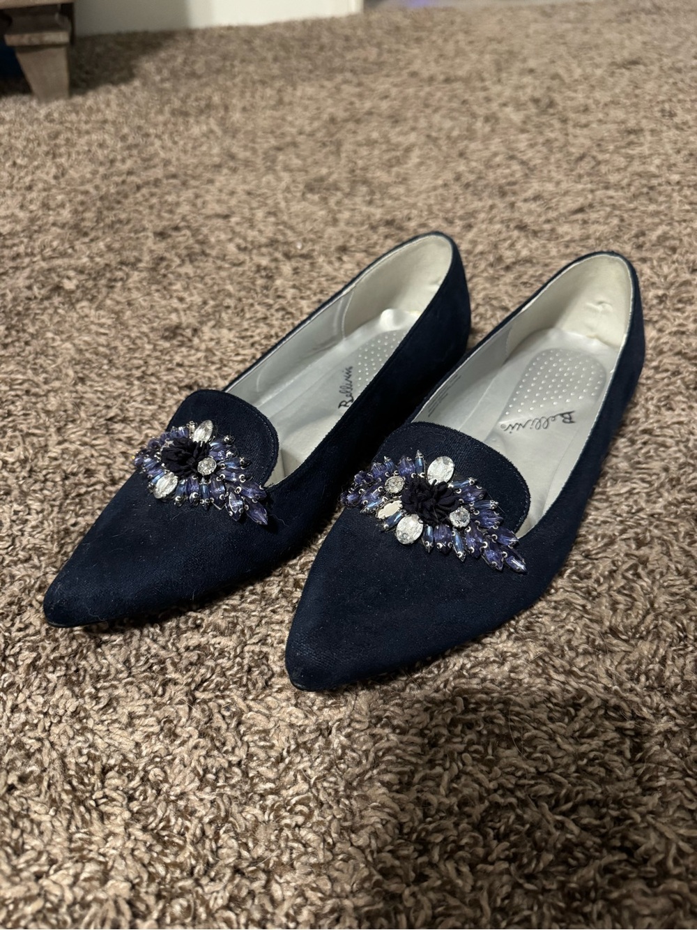 Bellini Navy Suede Pointed Toe Flats with Crystal Floral Accent
